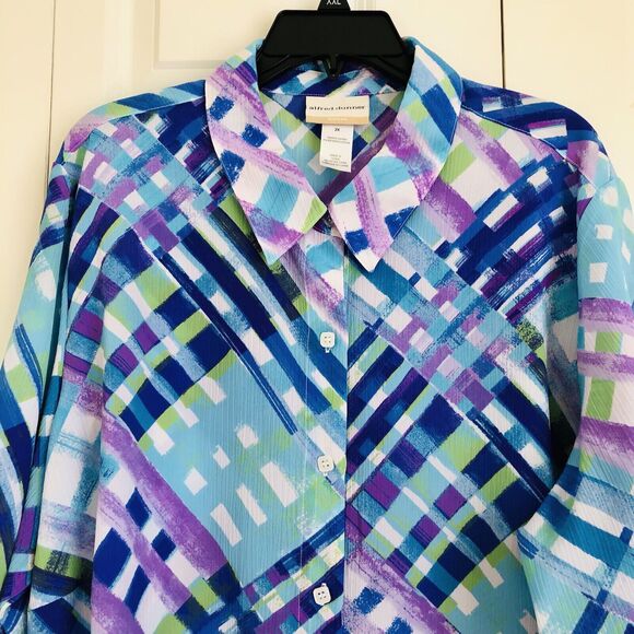 ALFRED DUNNER WOMEN'S TOP LATTICE PLAID BUTTON DOWN COLLARED NECK 3/4 SLEEVE 157 - Picture 4 of 5